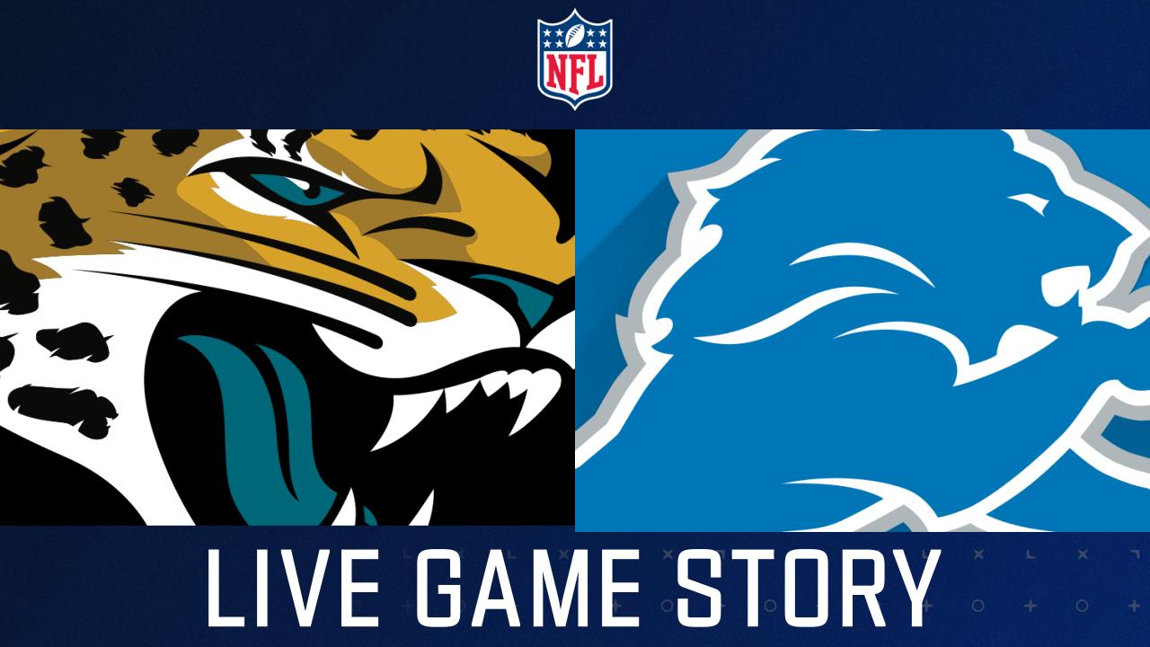 Jacksonville Jaguars vs. Detroit Lions. NFL match poster. Two american  football players silhouette facing each other on the field. Clubs logo in  backg Stock Photo - Alamy